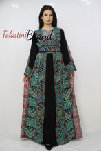 Gorgeous Black and Green Full Details Palestinian Embroidered Dress With Satin