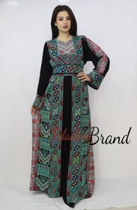 Gorgeous Black and Green Full Details Palestinian Embroidered Dress With Satin