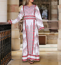 Manajil Samer Palestinian Embroidered White Thobe Maxi Dress Long Sleeves Kaftan Palestinian Embroidery