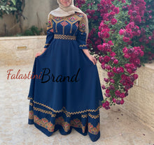 Elegant Navy Palestinian Embroidered Cloche Layered Dress