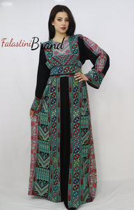 Gorgeous Black and Green Full Details Palestinian Embroidered Dress With Satin