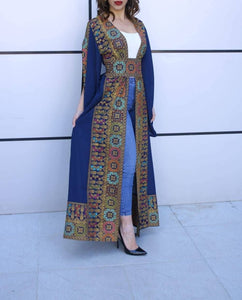 Navy Georgette Embroidered Open Abaya Kaftan Maxi Dress Long Split Sleeve