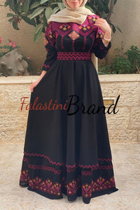 Elegant Black Palestinian Embroidered Cloche Layered Dress