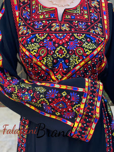 Manajil Palestinian Red Embroidered Floral Thobe Dress Palestinian Embroidery