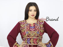 Classy Burgundy Palestinian Embroidered Thobe Dress With Multicolored Embroidery