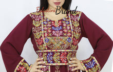 Classy Burgundy Palestinian Embroidered Thobe Dress With Multicolored Embroidery