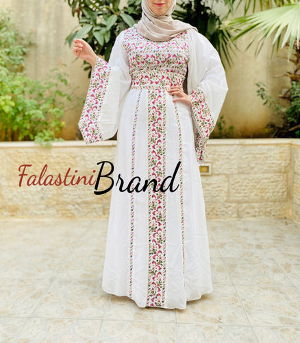 White Wide Sleeve Lined Embroidered Dress with Wonderful Embroidery