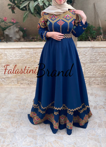 Elegant Navy Palestinian Embroidered Cloche Layered Dress