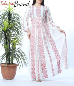 Stunning Multi Lines White And Red Palestinian Embroidered Thobe Dress Palestinian Design And Embroidery