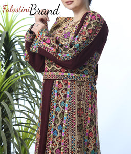 Amazing Burgundy Manajil Palestinian Embroidered Thobe Dress With Astonishing Embroidery