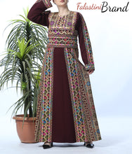 Amazing Burgundy Manajil Palestinian Embroidered Thobe Dress With Astonishing Embroidery