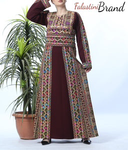 Amazing Burgundy Manajil Palestinian Embroidered Thobe Dress With Astonishing Embroidery