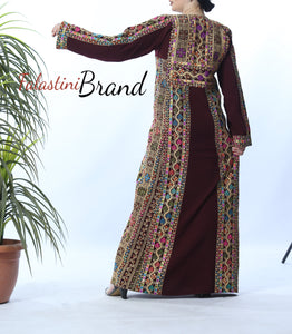 Amazing Burgundy Manajil Palestinian Embroidered Thobe Dress With Astonishing Embroidery