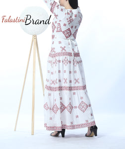 Stunning White And Red Cloche Long Dress Palestinian Embroidery