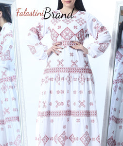 Stunning White And Red Cloche Long Dress Palestinian Embroidery