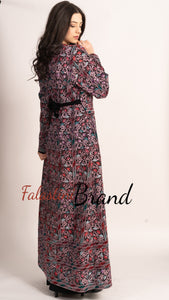 Wonderful Metallic Silver Threads Palestinian Embroidered Thobe Dress Long Sleeve