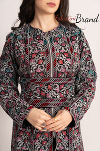 Amazing Metallic Silver Threads Palestinian Embroidered Thobe Dress Long Sleeve