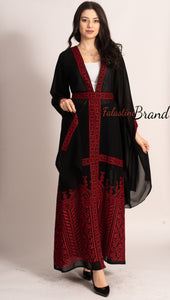 Wonderful Palestinian Black & Red Georgette Embroidered Open Abaya Long Slit Sleeve