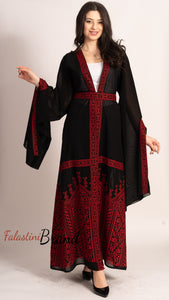 Wonderful Palestinian Black & Red Georgette Embroidered Open Abaya Long Slit Sleeve