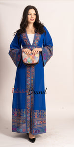 Breathtaking Palestinian Blue Georgette Embroidered Open Abaya Dress Long Sleeve With Stylish Embroidery