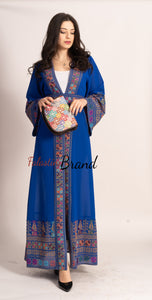 Breathtaking Palestinian Blue Georgette Embroidered Open Abaya Dress Long Sleeve With Stylish Embroidery