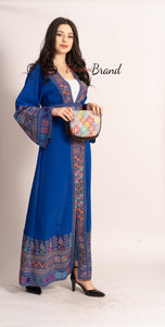 Breathtaking Palestinian Blue Georgette Embroidered Open Abaya Dress Long Sleeve With Stylish Embroidery