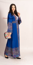 Breathtaking Palestinian Blue Georgette Embroidered Open Abaya Dress Long Sleeve With Stylish Embroidery