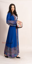 Breathtaking Palestinian Blue Georgette Embroidered Open Abaya Dress Long Sleeve With Stylish Embroidery