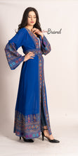 Breathtaking Palestinian Blue Georgette Embroidered Open Abaya Dress Long Sleeve With Stylish Embroidery