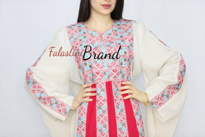 Stylish Cream Color Red Stripes Palestinian Embroidered Dress Thobe