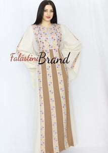 Stylish Cream Color Brown Stripes Palestinian Embroidered Dress Thobe