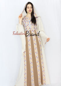 Stylish Cream Color Brown Stripes Palestinian Embroidered Dress Thobe