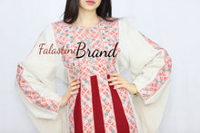 Stylish Cream Color Burgundy Stripes Palestinian Embroidered Dress Thobe