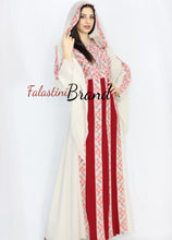 Stylish Cream Color Burgundy Stripes Palestinian Embroidered Dress Thobe