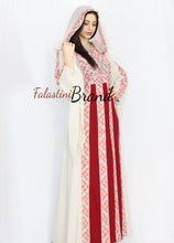 Stylish Cream Color Burgundy Stripes Palestinian Embroidered Dress Thobe