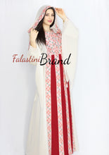 Stylish Cream Color Burgundy Stripes Palestinian Embroidered Dress Thobe