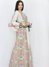 Elegant Cream Color Greenish Palestinian Embroidered Dress Thobe