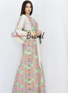 Elegant Cream Color Greenish Palestinian Embroidered Dress Thobe