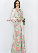 Elegant Cream Color Greenish Palestinian Embroidered Dress Thobe