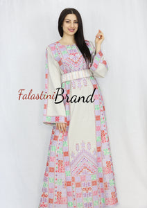 Elegant Cream Color Purple Palestinian Embroidered Dress Thobe