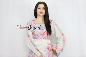 Elegant Cream Color Purple Palestinian Embroidered Dress Thobe