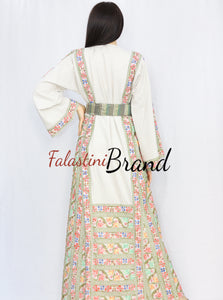 Elegant Cream Color Waves Palestinian Embroidered Dress Thobe