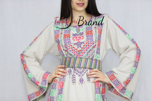 Elegant Cream Color Dark Purple Palestinian Embroidered Dress Thobe