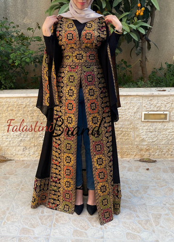 Black Golden Georgette Embroidered Open Abaya Kaftan Maxi Dress Long Split Sleeve