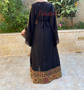 Black Golden Georgette Embroidered Open Abaya Kaftan Maxi Dress Long Split Sleeve