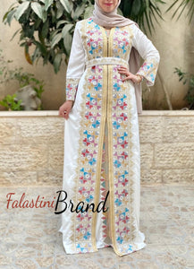 2 Pieces White Moroccan Like Kaftan Dress with Palestinian Embroidery