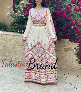 Manajil Off-White Palestinian Embroidered Floral Thobe Dress Palestinian Embroidery