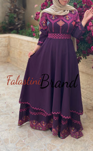 Elegant Purple Palestinian Embroidered Cloche Layered Dress