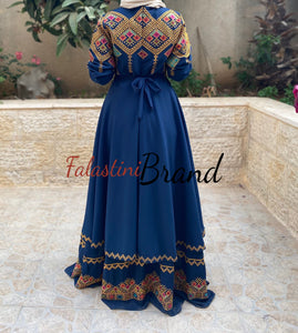 Elegant Navy Palestinian Embroidered Cloche Layered Dress