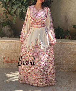 Manajil Off-White Palestinian Embroidered Floral Thobe Dress Palestinian Embroidery